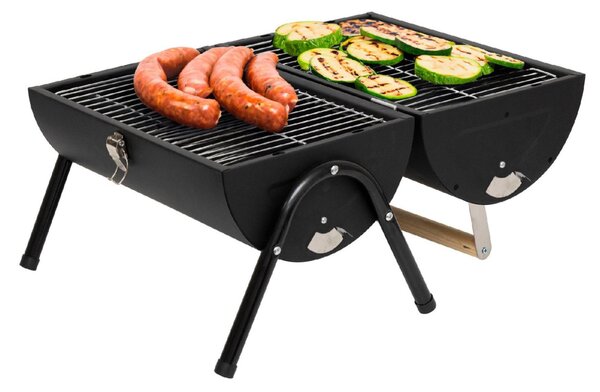 HOME GR01 hordozható asztali grill, faszén, faszénbrikett, nyitott vagy zárt fedél, 2 rostély, 2 széntartó rács, 22 cm rostélymagasság asztaltól