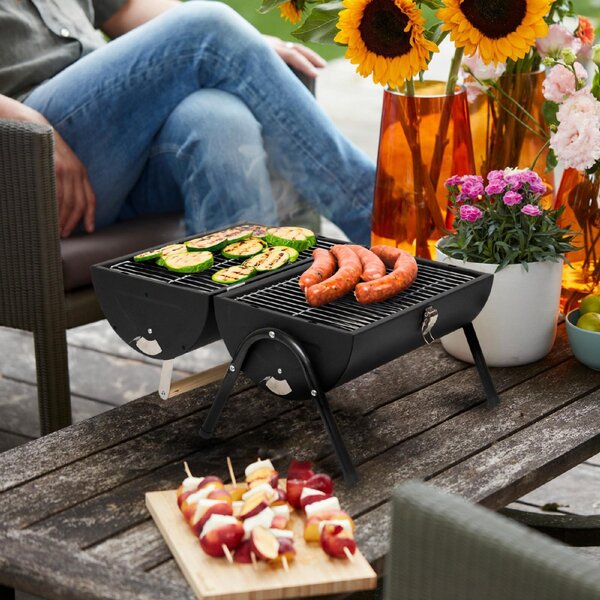 HOME GR01 hordozható asztali grill, faszén, faszénbrikett, nyitott vagy zárt fedél, 2 rostély, 2 széntartó rács, 22 cm rostélymagasság asztaltól