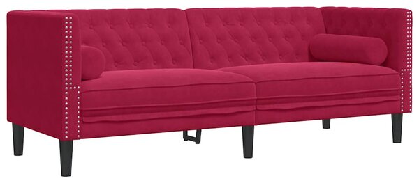 3 személyes bordó bársony Chesterfield kanapé hengerpárnákkal