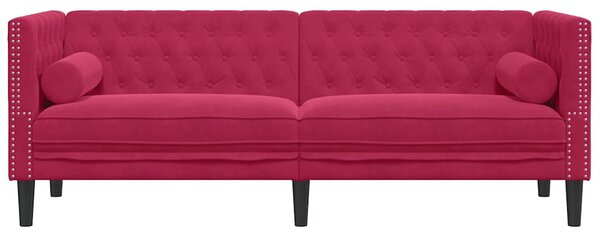 3 személyes bordó bársony Chesterfield kanapé hengerpárnákkal