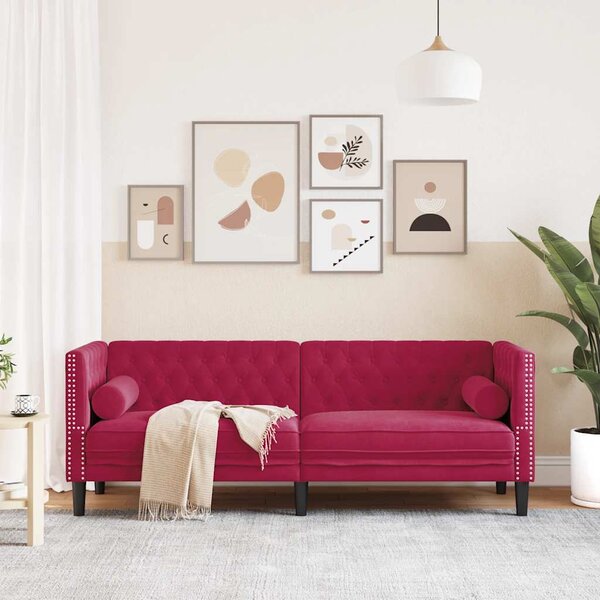 3 személyes bordó bársony Chesterfield kanapé hengerpárnákkal