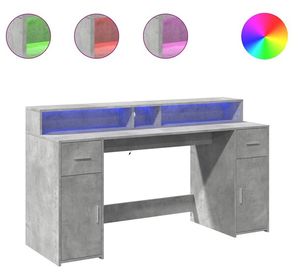 Betonszürke szerelt fa íróasztal LED-világítással 160x55x91 cm