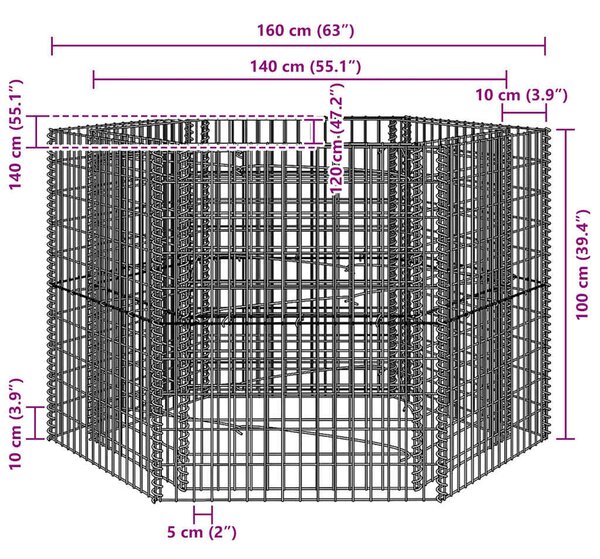 Hatszögletű gabion magaságyás 160 x 140 x 100 cm