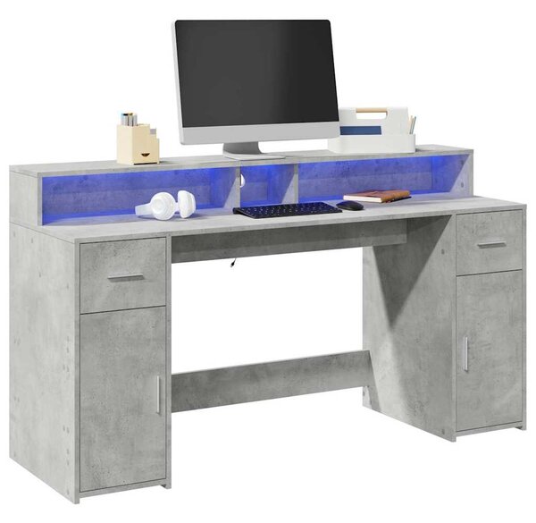 Betonszürke szerelt fa íróasztal LED-világítással 160x55x91 cm