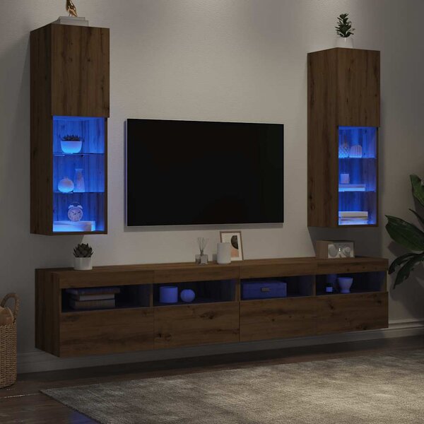 2 db kézműves tölgy TV-szekrény LED-lámpákkal 30,5x30x102 cm