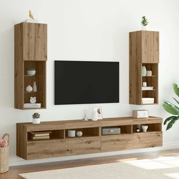 2 db kézműves tölgy TV-szekrény LED-lámpákkal 30,5x30x102 cm