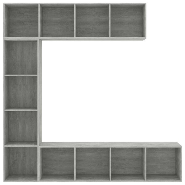 3-részes betonszürke könyv-/TV-szekrényszett 180 x 30 x 180 cm