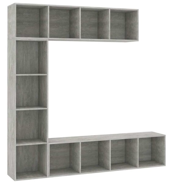 3-részes betonszürke könyv-/TV-szekrényszett 180 x 30 x 180 cm