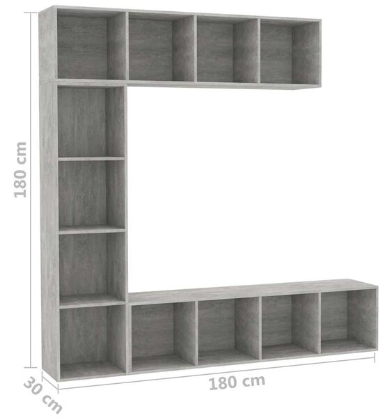 3-részes betonszürke könyv-/TV-szekrényszett 180 x 30 x 180 cm