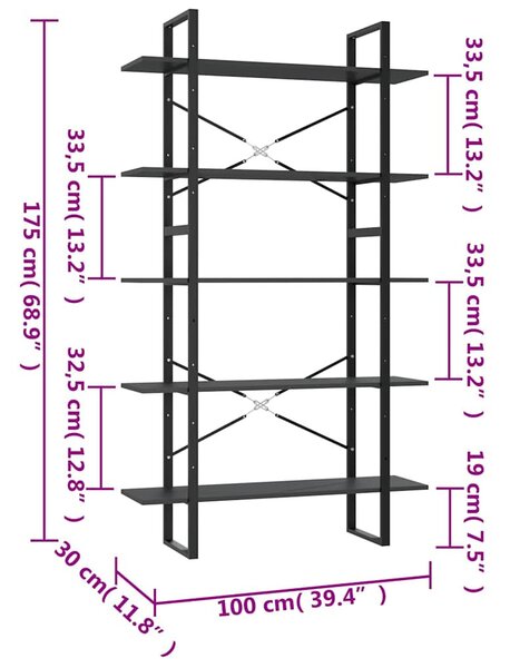 5 szintes szürke szerelt fa könyvszekrény 100 x 30 x 175 cm