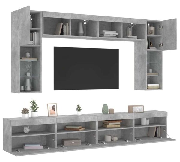 VidaXL 8 darabos betonszürke fali TV-szekrény szett LED-del