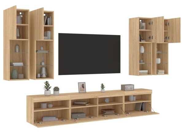 VidaXL 7 darab sonoma tölgy színű falra szerelhető TV-szekrény LED-del