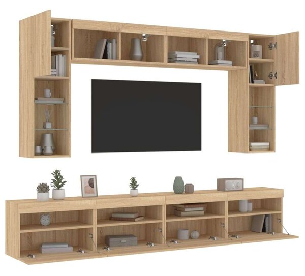 VidaXL 8 darab sonoma tölgy színű falra szerelhető TV-szekrény LED-del