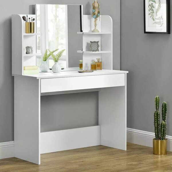 ModernHome Elegáns Sminkasztal Tükrössel: Széles Fiókkal, Osztókkal, Oldalsó Polcokkal és LED Világítás Opcióval