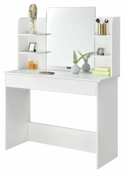 ModernHome Elegáns Sminkasztal Tükrössel: Széles Fiókkal, Osztókkal, Oldalsó Polcokkal és LED Világítás Opcióval