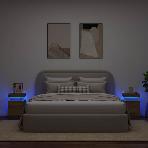2 db kézműves tölgy szerelt fa LED-es éjjeliszekrény 35x39x55cm