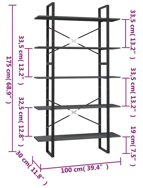 Ötszintes szürke fenyőfa könyvszekrény 100 x 30 x 175 cm
