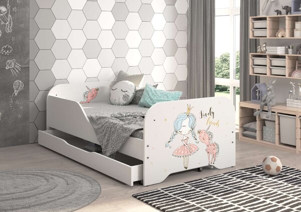 MIKI gyerekágy 140x70cm ajándék matraccal, ágyneműtároló hely nélkül - Egyszarvú hercegnő mintával