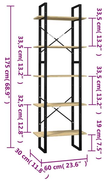 Ötszintes fenyőfa könyvszekrény 60 x 30 x 175 cm