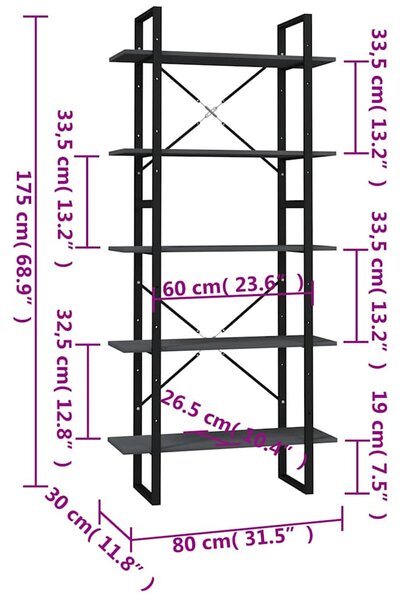 Ötszintes szürke fenyőfa könyvszekrény 80 x 30 x 175 cm