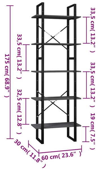 Ötszintes szürke fenyőfa könyvszekrény 60 x 30 x 175 cm