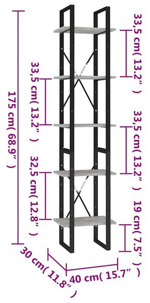 5 szintes betonszürke szerelt fa könyvszekrény 40 x 30 x 175 cm