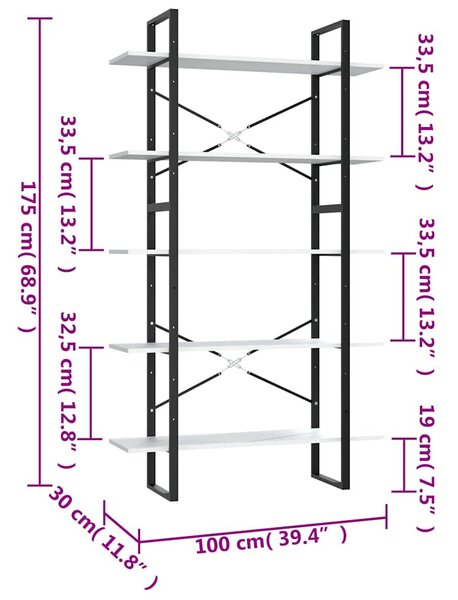 5 szintes fehér szerelt fa könyvszekrény 100 x 30 x 175 cm