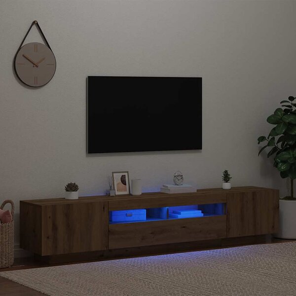 Kézműves tölgy szerelt fa TV-szekrény LED-ekkel 200x35x40 cm