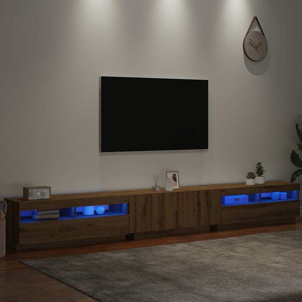 Kézműves tölgy szerelt fa TV-szekrény LED-ekkel 300x35x40 cm
