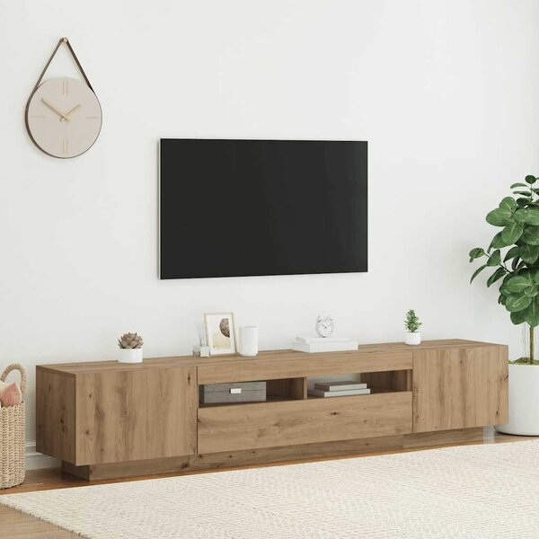 Kézműves tölgy szerelt fa TV-szekrény LED-ekkel 200x35x40 cm