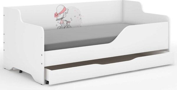 LILU gyerekágy laminált oldallal 160x80cm matraccal és ágyneműtartóval - kalapos biciklis lány