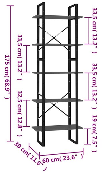 5 szintes szürke szerelt fa könyvszekrény 60 x 30 x 175 cm