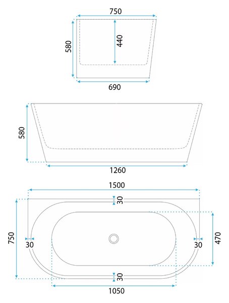Capri Fürdőkád - Falra Szerelhető - 150 cm