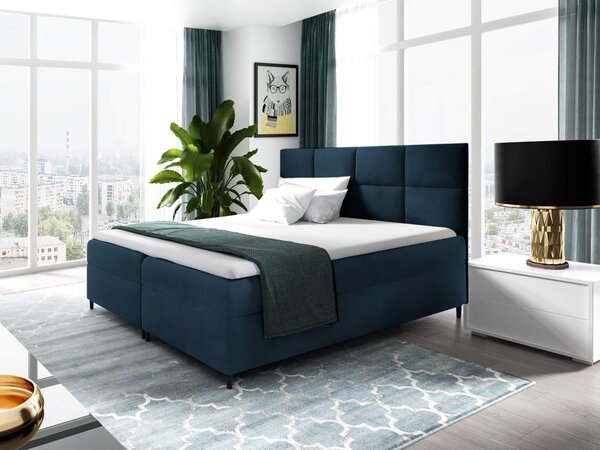 Wilsondo LEILA ágyneműtartós kárpitozott boxspring ágy matraccal - sötétkék Méret: 160x200