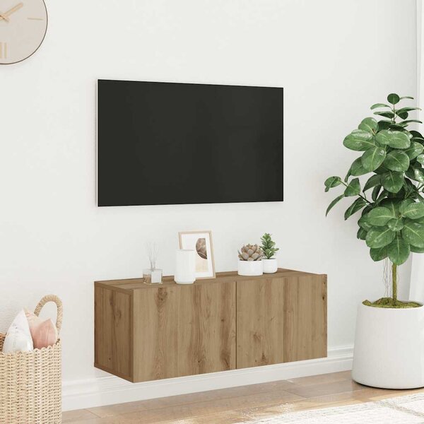 Kézműves tölgy színű szerelt fa fali TV-szekrény 80x30x30 cm
