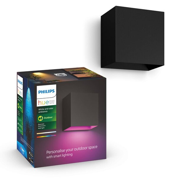 Philips Hue LED kültéri falilámpa Resonate, fekete, RGBW, IP44, dimmelhető, Fekete, Alumínium, Modern