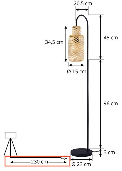 Lindby Venora állólámpa, 145 cm magas, bambusz, E27, Fekete, Nappali / Étkező, fém