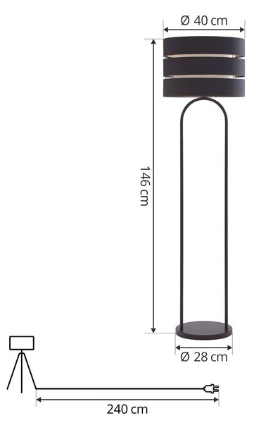 Lindby Tsomo állólámpa, Ø 40 cm, fekete, szövet, E27, Fekete, Nappali / Étkező, Textil / szövet / selyem, Skandináv