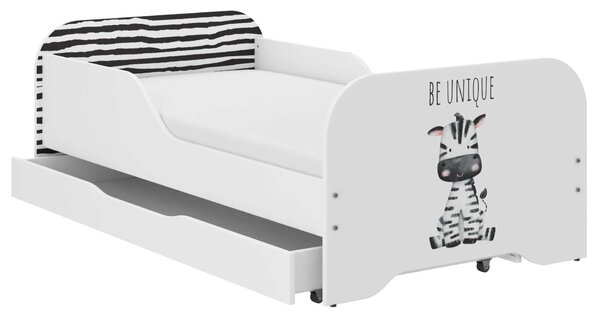 MIKI gyerekágy 140x70cm matraccal és ágyneműtartóval - Zebra Szafari