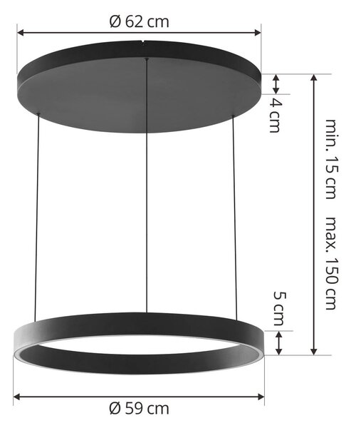 Lucande LED-es függőlámpa Philine, Ø 60 cm, fekete, vas, dimmelhető, Fekete, Nappali / Étkező, Modern