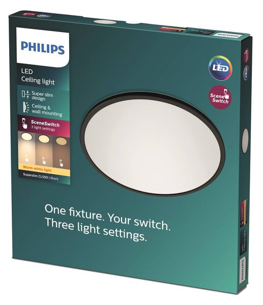 Philips SuperSlim mennyezeti lámpa 2700K Ø42cm fekete, dimmelhető, Fekete, Dolgozószoba / Iroda, fém