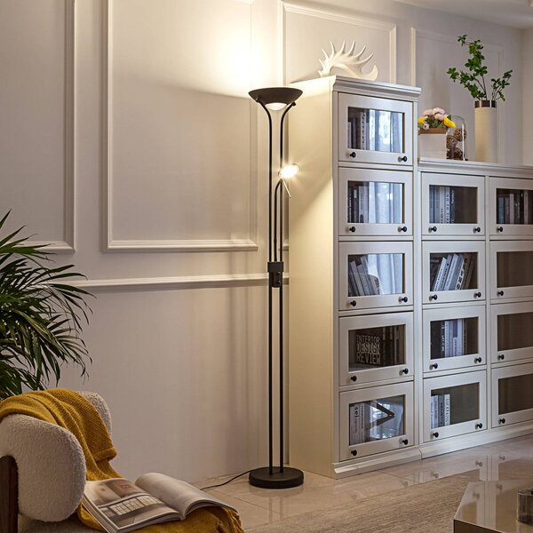 Lindby LED állólámpa Josefin, fekete, olvasólámpa, dimmelhető, dimmelhető, Fekete, Nappali / Étkező, fém, Modern