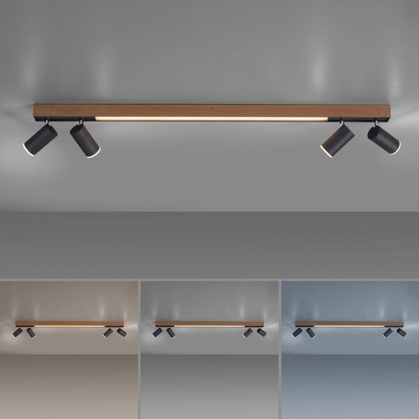 PURE LED mennyezeti lámpa Lines, 120 cm, fekete, fa, távirányítóval,, dimmelhető, Világos fa, Nappali / Étkező, Alumínium
