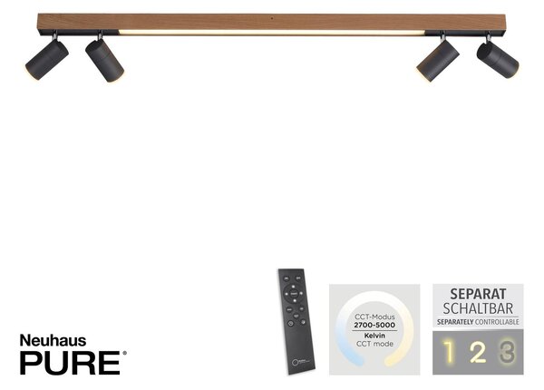 PURE LED mennyezeti lámpa Lines, 120 cm, fekete, fa, távirányítóval,, dimmelhető, Világos fa, Nappali / Étkező, Alumínium