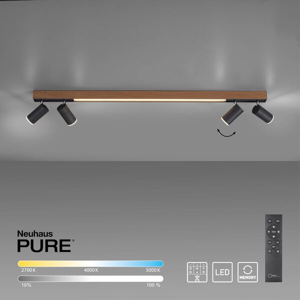 PURE LED mennyezeti lámpa Lines, 120 cm, fekete, fa, távirányítóval,, dimmelhető, Világos fa, Nappali / Étkező, Alumínium