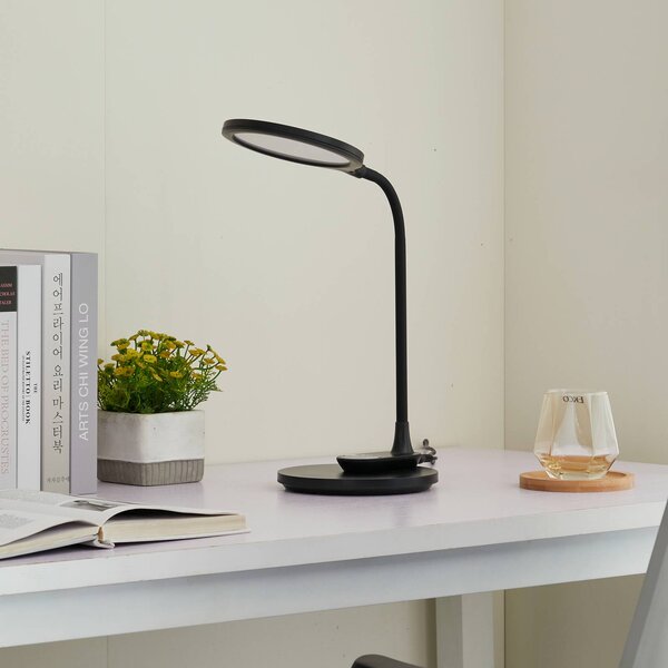 Lindby LED asztali lámpa Valtaria, fekete, CCT, dimmelhető, dimmelhető, Fekete, Dolgozószoba / Iroda, Műanyag, Modern