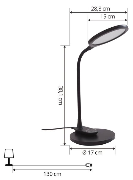 Lindby LED asztali lámpa Valtaria, fekete, CCT, dimmelhető, dimmelhető, Fekete, Dolgozószoba / Iroda, Műanyag, Modern
