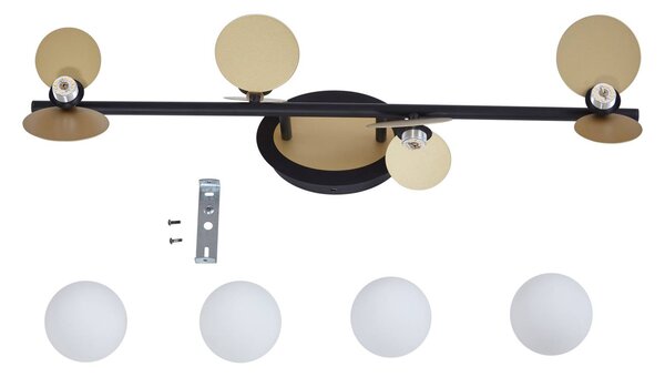 Lucande LED mennyezeti lámpa Pallo, 4-lámpás, fekete/arany, üveg, dimmelhető, Fekete, Nappali / Étkező, fém, Modern