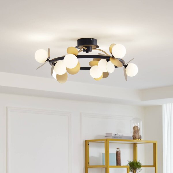 Lucande LED mennyezeti lámpa Pallo, 9 lámpás, fekete/arany, üveg, dimmelhető, Fekete, Nappali / Étkező, fém, Modern