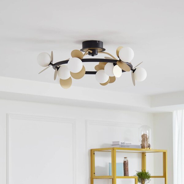 Lucande LED mennyezeti lámpa Pallo, 9 lámpás, fekete/arany, üveg, dimmelhető, Fekete, Nappali / Étkező, fém, Modern